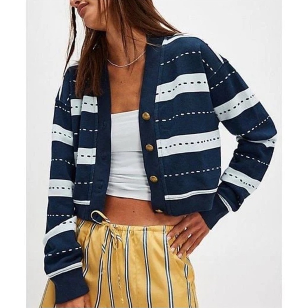Free People Grace Printed Cardigan Frost Combo Navy Blue Slouchy Sz XL NEW